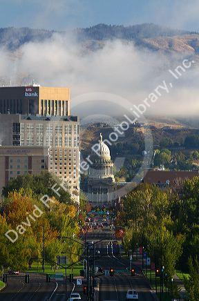 View of capital boulevard and the Idaho state capitol building on a misty morning in downtown Boise, Idaho, USA.