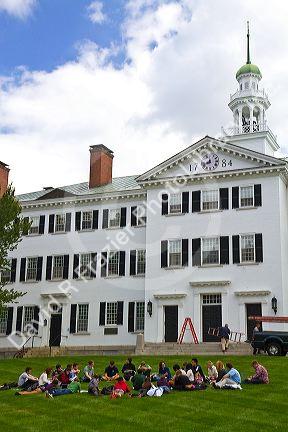 Students attend outdoor class in front of Dartmouth Hall at Dartmouth College in Hanover, New Hampshire, USA.