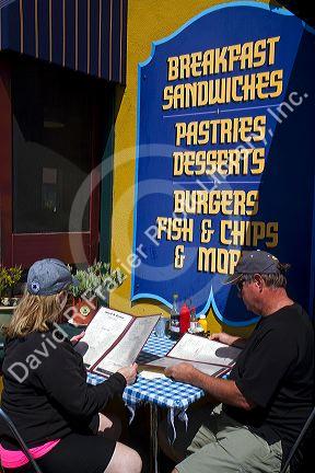 Outdoor dining at Whale City Bakery Bar and Grill located in Davenport, California, USA.
