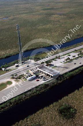An aerial view of a tollbooth along I-75 alligator alley in Florida.