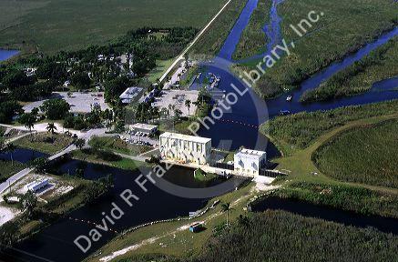 An aerial of flood control gates and valves in the Everglades near Miami, Florida.