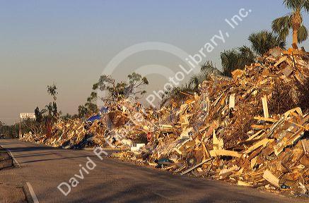 Debris from Hurricane Charlie piled along the road in Punta Gorda, Florida.