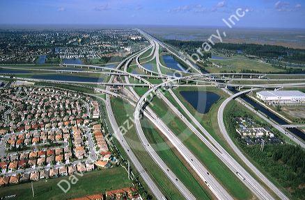 Aerial of Florida turnpike interchange on Interstate 75 alligator alley in Florida.