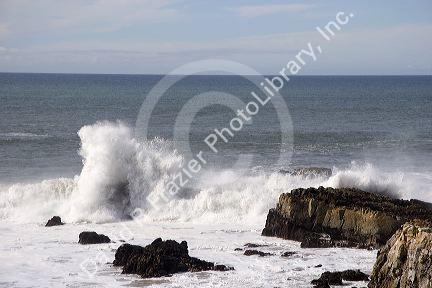 Waves crashing on the rocky shore of California near Half Moon Bay.
