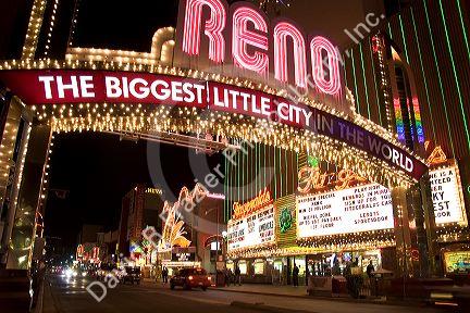 Neon lights and casinos along Virginia Street in Reno, Nevada.