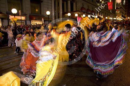 Mexican dancers perform in the Chinese New Year Parade, Chinatown, San Francisco, California.