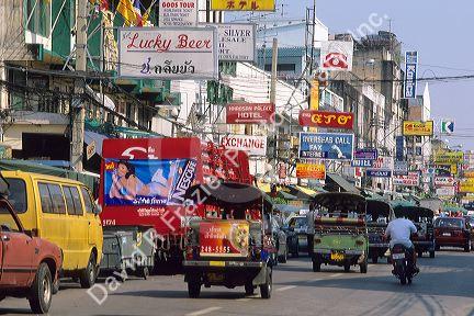 Traffic and business on Khao San Road in Bangkok, Thailand.