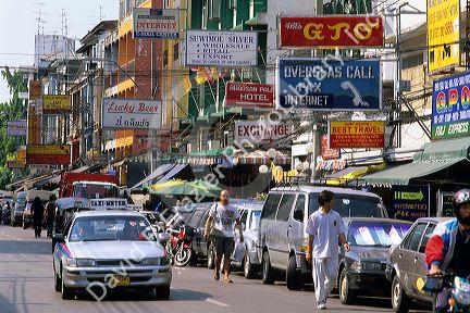 Traffic and business on Khao San Road in Bangkok, Thailand.