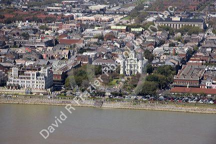 Aerial view of Jackson Square and St. Louis Cathedral in the French Quarter of New Orleans, Louisiana.