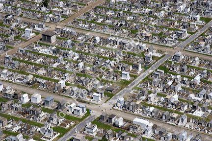 An aerial view of Metarie Cemetery in New Orleans, Louisiana above ground graves.