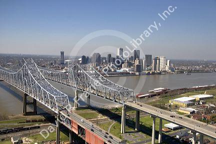 Aerial of Mississippi River bridges at New Orleans, Louisiana.