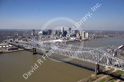 Aerial view of Mississippi River bridges at New Orleans, Louisiana.