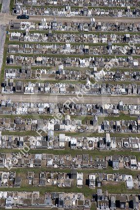 An aerial view of Metarie Cemetery in New Orleans, Louisiana with above ground graves.