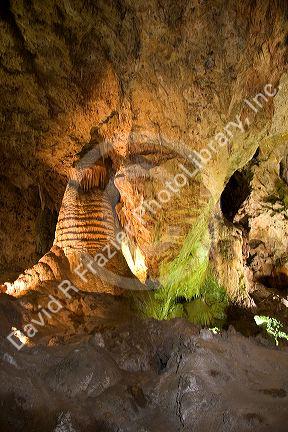 Inside the caves of the Carlsbad Caverns.  Giant stalactites hang from the ceiling of the New Mexico cavern.