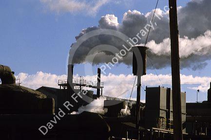 Smoke stacks emit air pollution at a manufacturing plant.