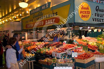 Fruit and vegetable stand at the Pike Place Market in Seattle, Washington.