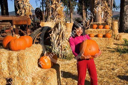A young girl choosing pumpkins from a farm near San Rafael, California.