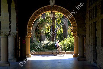 Arched portico of the Main Quadrangle at the campus at Stanford University in Palo Alto, California.