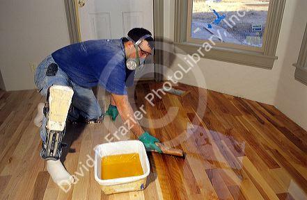 A flooring finisher wearing a respirator applies sealer to a new hard wood floor.