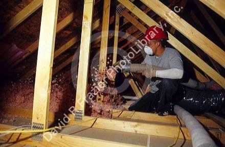 A worker blows in fiberglass insulation to the attic space of a new home.