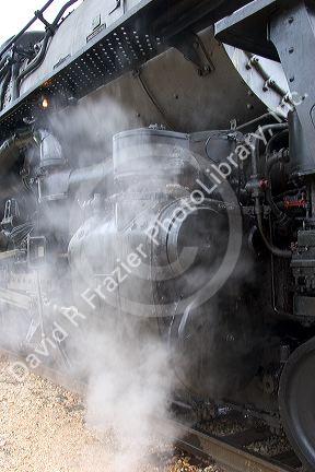 Close view of historic Challenger locomotive steam engine.