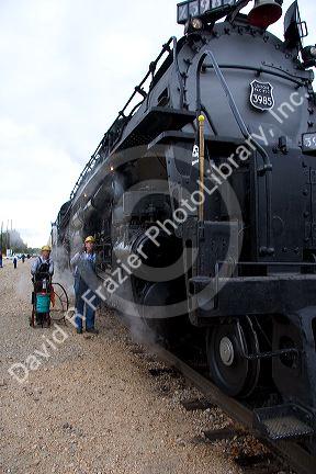 Close view of historic Challenger locomotive steam engine.