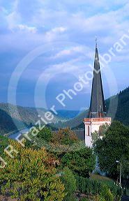 Church steeple along the Mosel River valley near Kloten Germany. 