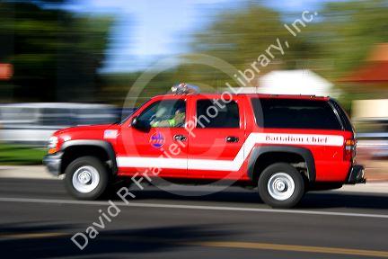 Fire battalion chief emergency vehicle in motion. Boise, Idaho.