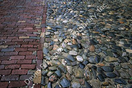A cobblestone and brick street in Savannah, Georgia.