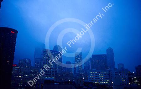 A rainy night city scene of Seattle Washington.