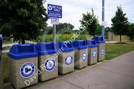 Recycling bins at highway rest area in Wisconsin.