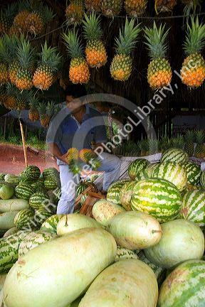 Melons and pineapple at a produce stand in Argentina.