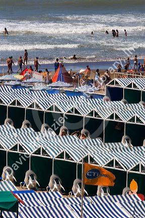 Cabanas and beach scene at Mar del Plata, Argentina.