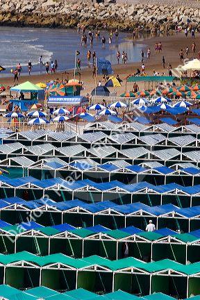 Cabanas and beach scene at Mar del Plata, Argentina.