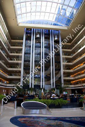 Interior of the Hilton hotel lobby at Puerto Modero, Buenos Aires, Argentina.
