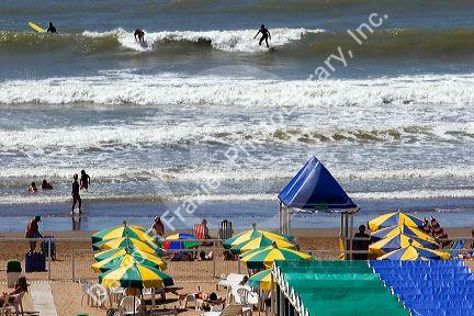 Cabanas and beach scene at Mar del Plata, Argentina.