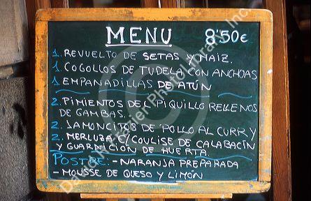 Menu board at a restaurant in Madrid, Spain.