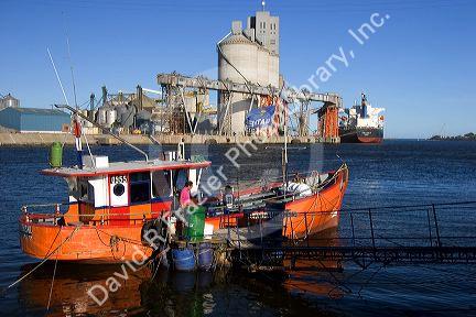 Fishing boat and grain ship at Neccochea, Argentina.