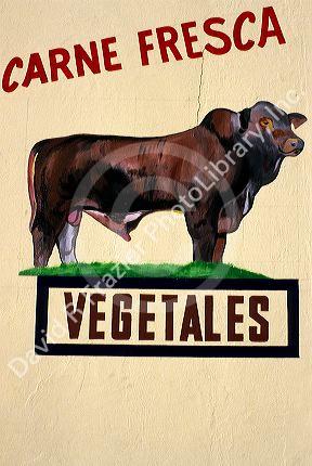 Market sign for fresh beef and vegetables in Puerto Rico.