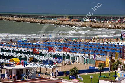 Cabanas and beach scene at Mar del Plata, Argentina.