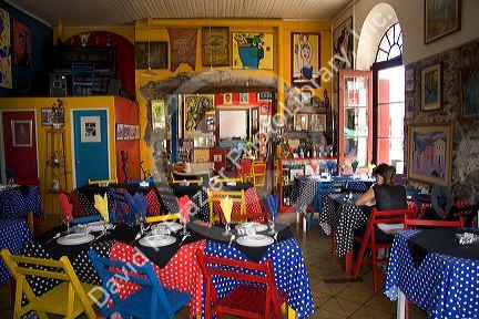 Interior of a colorful cafe in Colonia, Uraguay.