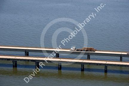 Truck traveling on the causeway across Lake Pontchartrain near New Orleans, Louisiana.