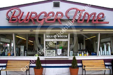Help wanted sign in the window of a restaurant in Boise, Idaho.