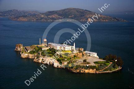 Aerial view of Alcatraz Island in the San Francisco bay, California.