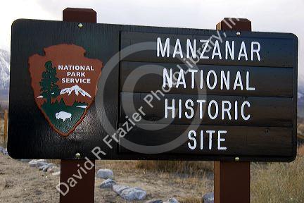 A sign marking the Manzanar war relocation camp for Japanese Americans during WWII in the Owens Valley near Lone Pine, California.