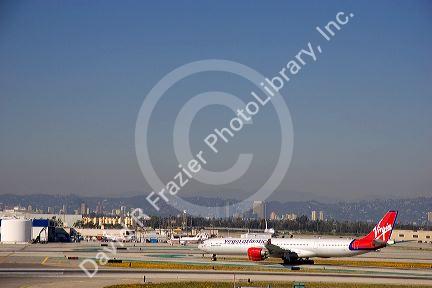 Virgin Atlantic Airbus 340 on taxiway at LAX Los Angeles airport, California.