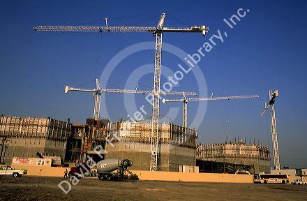 Cranes on a construction site of the county jail in Los Angeles, California.
