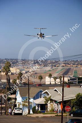 Boeing 717 airplane landing at San Diego, California.
