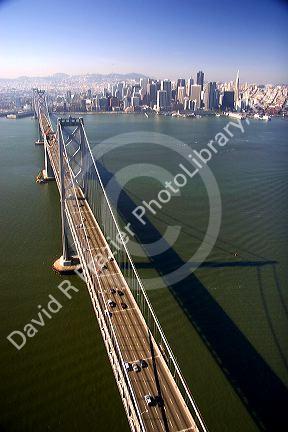 Aerial view of traffic on the bay bridge and the city of San Francisco, California.