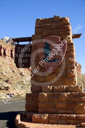 Springdale entrance sign to Zion National Park, Utah.